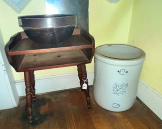VINTAGE TABLE & SOME ANTIQUE CROCKS