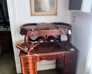 VINTAGE KNEEHOLE DESK & A UNIQUE CARVED COFFEE TABLE