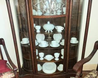 VERY UNIQUE ANTIQUE CURVED-GLASS CHINA CABINET (HAS A CRACK IN ONE GLASS)