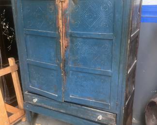 Antique Blue Painted Distressed Pie Safe Tall Cupboard