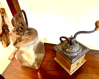 Antique butter churn and coffee grinder