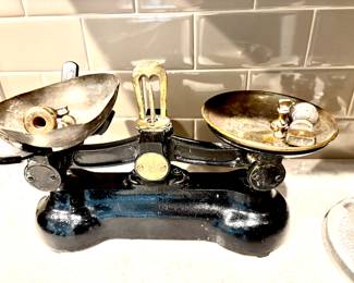 Vintage wrought iron trade scale with weights