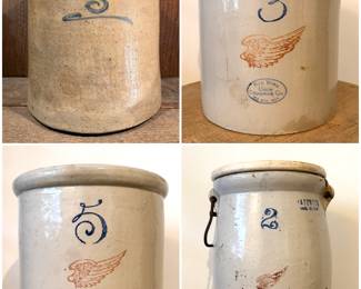A collection of vintage salt glaze red wing stoneware company crocks and butter turn. 