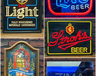 Vintage beer advertising. Old Style Light beer light. Miller Lite neon bar light. Old Style bar light. Stroh’s beer light. ZIMA beer lights. 