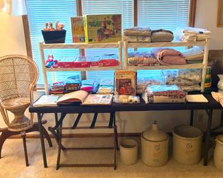 Vintage Barbies and Barbie patio set, linens, fabric and wicker peacock chair. 