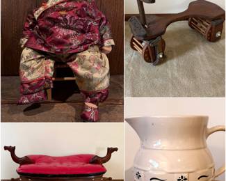 A rare, retired Adora "Name Your Own Baby" Asian doll. A vintage wood and red leather camel saddle stool. A antique or handmade wooden child's ride-on toy and a Longaberger Pottery Woven Traditions Classic Milk Pitcher. 

