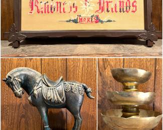 Vintage embroidered sign. Vintage green bronze Tang Dynasty-style horse sculpture with a black marble base made out of solid bronze. It is a mid-20th-century piece, crafted in the style of ancient Chinese Tang Dynasty art.  And 3 brass stacking compotes.