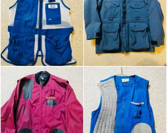 Toptie Adult Mesh Vest, Orvis red and black shooting vest with leather trim, Cabela's Instinct Barrier GORE-TEX jacket and a Bob Allen blue shooting vest.