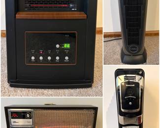 An Ecotronic 1500-Watt 6-Element Infrared Electric Portable Heater. A vintage Sears Automatic fan-forced electric space heater. a Lasko 751320 Ceramic Tower Heater and a Honeywell Ceramic Tower Heater. 
