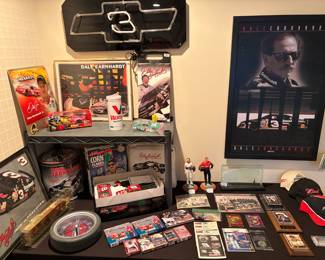 Collection of Dale Earnhardt Sr. NASCAR memorabilia, collectibles, and home decor. 
