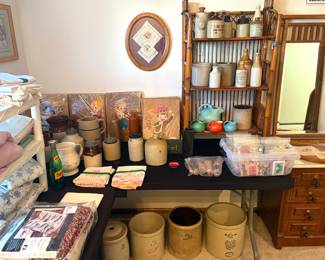 Antique crocks, vintage quilts and linens 