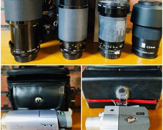 Several vintage Vivitar camera lenses including the Series 1 70-210mm f/3.5 VMC Macro Focusing Zoom lens.  A Sony DCR-TRV22 MiniDV camcorder and a vintage Vernon 18/28 Zoom 8mm movie camera. 