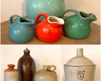 Pitchers atomic vintage MCM Made In USA Pottery Ceramic Ball Water Pitchers, turkey dropping stoneware jug, 5 gallon Red Wing stoneware jug, and stoneware bed warmers 