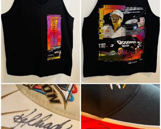 A black Dale Earnhardt graphic tank top, a T
Miami Dolphins cap signed by Dan Marino, and a WWE cap signed by Damian Priest. 