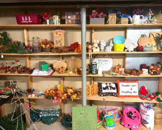 Vintage and modern holiday decor, and  child’s high chair seat. 