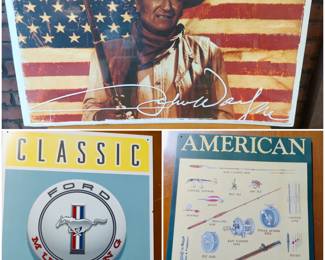 John Wayne with Signature Vintage American Flag wall art, Ford Classic Mustang TIN SIGN vtg muscle car logo metal garage decor, and American Fisherman metal sign
made in the USA. 