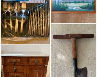 A vintage Prudential "Wheat Sprig" stainless steel flatware set. An antique Eastlake Victorian walnut commode washstand with a marble top. A vintage  handpainted landscape  and antique European shovel.
