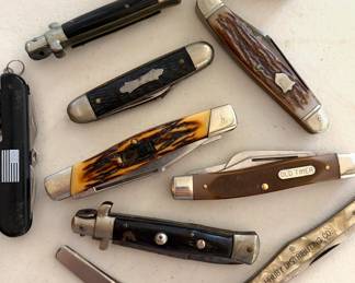 Vintage Switchblade pocket knives including a rare vintage Camillus Staglon cam-lock 88, Mauro Mario made in Italy 6 and 7 inch knifes  leather toolman, Murcott Germany advertising knife-HRUBY, vintage hammer brand pocket knife, Old Timer Schrade 80t USA knife and a Barlow advertising pocket knife-buffalo mach co. 