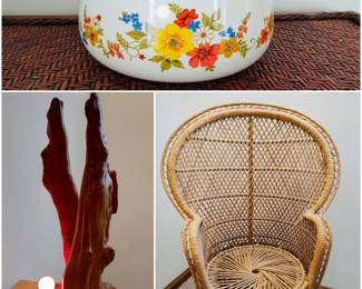 Vintage JMP Sweet Flowers enamelware pot, a handcrafted driftwood lamp with red LED lighting and a vintage rattan and wicker peacock chair. 