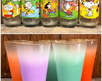 A set of five vintage 1983 McDonald's Camp Snoopy Collection drinking glasses. And MCM vintage Blendo frosted glassware tumblers. 