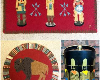 Chandler 4 Corners hand hooked Native American rug, a Chandler 4 Corners Artist-Designed Indian Hand-Hooked Wool Accent Rug and a vintage Couroc ice bucket 