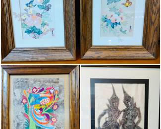 Vintage wall hanging art including one on bark paper. 