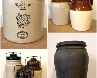 Stoneware fruit jars, western 4 gallon stoneware crock, salt glaze crock and stoneware pitchers. 