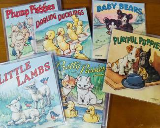Set of vintage children's paperback books published by Sam'l Gabriel Sons & Company in 1942.  Titles includes Plump Piggies, Darling Ducklings, Baby Bears, Playful Puppies, Little Lambs, and Pretty Pussies.