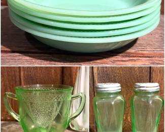 Set of vintage Fire-King Jadeite glassware, vintage Federal Glass Uranium Georgian bowl, and Hazel Atlas Uranium salt and pepper shaker set. 
