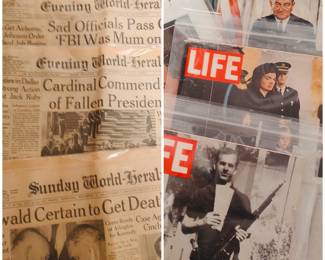 A collection of vintage newspapers and Life magazines from the John F. Kennedy assassination 1963.