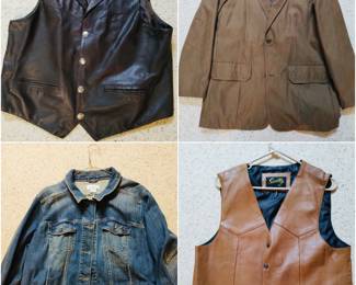 A Scully brown soft touch lambskin leather western vest with snap closure, men's blue denim jacket, Scully men's brown leather western vest and a men's Rainforest lightweight sueded lined outdoor jacket. 