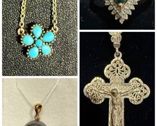 A Liven Co. Flower Power turquoise necklace. A  black Tahitian pearl and 14k yellow gold diamond accent pendant. A vintage 10K yellow gold pear-shaped emerald and diamond double halo ring. And a gold-toned filigree crucifix pendant.