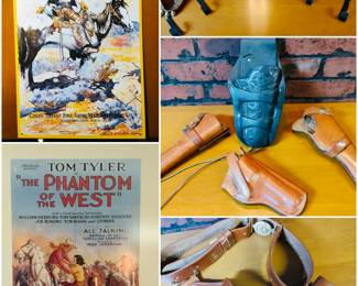 A Colt's "Tex and Patches" advertising poster. An original movie poster for the 1930 western serial The Phantom of the West. A custom brown leather western spur straps with engraved conchos. Collection of  leather gun holsters. And a vintage brown leather western-style gun belt and holster set. 