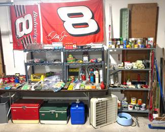 Vintage Coleman Steel-Belted coolers, collection of aerosol cans, and a vintage Lakewood 20-inch 3-speed metal box fan.