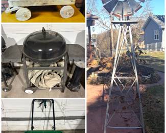  Vintage handmade wood wagon, a large Weber Ranch Kettle Charcoal Grill, Scotts Turf Builder EdgeGuard DLX Broadcast Spreader. And a backyard windmill.

