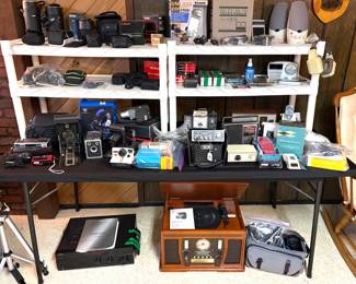 Vintage cameras, camera lenses, radios and speakers