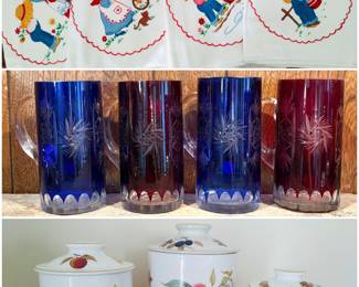 Collection of vintage Sunbonnet Sue & Sam embroidered quilt squares, a set of vintage  Bohemian etched glass tumblers, and a set of vintage Royal Worcester Evesham Gold porcelain canisters 