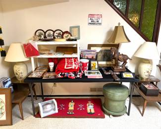 Western horse lamp, green storage sewing stool, and a pair of vintage mid-century modern two-tier end tables