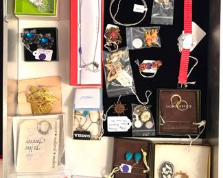 Vintage earrings, pins and watch. 