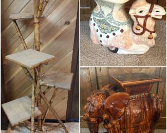 A vintage 19th Century English bamboo etagere, a vintage Hollywood Regency Italian glazed ceramic camel garden stool and a glazed ceramic elephant garden stool.