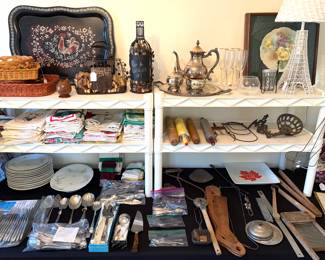 Eiffel tower lamp, tea towels, vintage rolling pins, serving ware, silver tea set. 