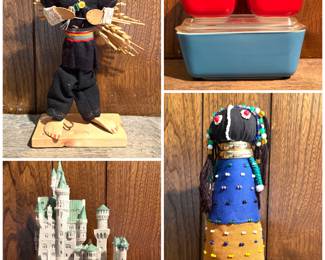 A vintage Mexican folk art marionette. A Lilliput Lane limited edition model of the Schloss Neuschwanstein Castle. Set of vintage Pyrex Primary Colors refrigerator dishes (Fridgies) with glass lids. And a handmade South African beaded Ndebele fertility doll.
