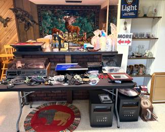 Vintage wooden high chair, two Heat Storm Mojave 1500-Watt Electric Infrared Cabinet Heaters, vintage Sears all-in-one stereo system