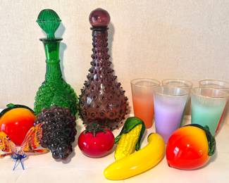 Vintage hand blown glass fruits and vegetables. Vintage Blendo frosted glass tumblers. Vintage glass genie bottle bottles. 