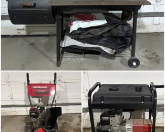 Brinkmann Smoke 'N Pit offset smoker, Yard Machines 5 HP/22" two-stage gas snow blower, and a Coleman Powermate 5000 generator. 
