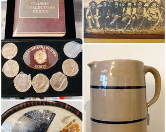 A National Rifle Association (NRA) Classic Collector's Series coin set. a pair of vintage ladies' hand fans, a vintage photograph of Company D, Texas Rangers, a famous law enforcement group with a history spanning nearly 200 years. And a antique Marshall Pottery stoneware pitcher.