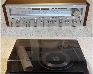 A vintage Pioneer SX-1050 stereo receiver, and a vintage Sharp SG-3 music center with a turntable.