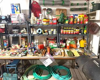 Power tools including a drill and belt sander, multiple bottles of chemicals and pesticides,
small hand tools, gloves, garden hoses and rain boots.