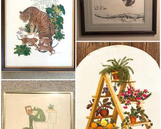 A painting of a tiger, a vintage Ginger Crowell "Croak Folks" artwork. A watercolor painting of two sparrows. And a vintage crewel embroidery artwork.