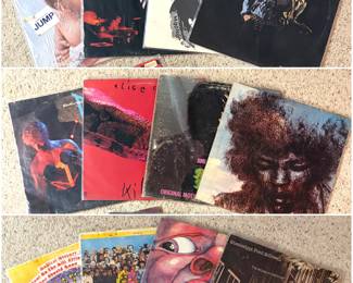 Vintage vinyl records including: 
Jimi Hendrix Experience Smash Hits
Magical Mystery Tour by The Beatles
Mississippi Fred McDowell
In the Court of the Crimson King by King Crimson
Van Halen, Bob Dylan, and Alice Cooper